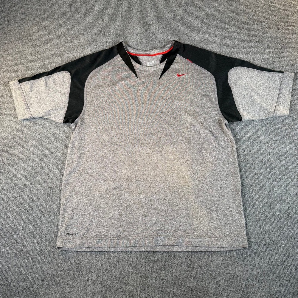 Nike Team Fit Dry Mens Medium Grey Black Training Shirt Short Sleeve #3751